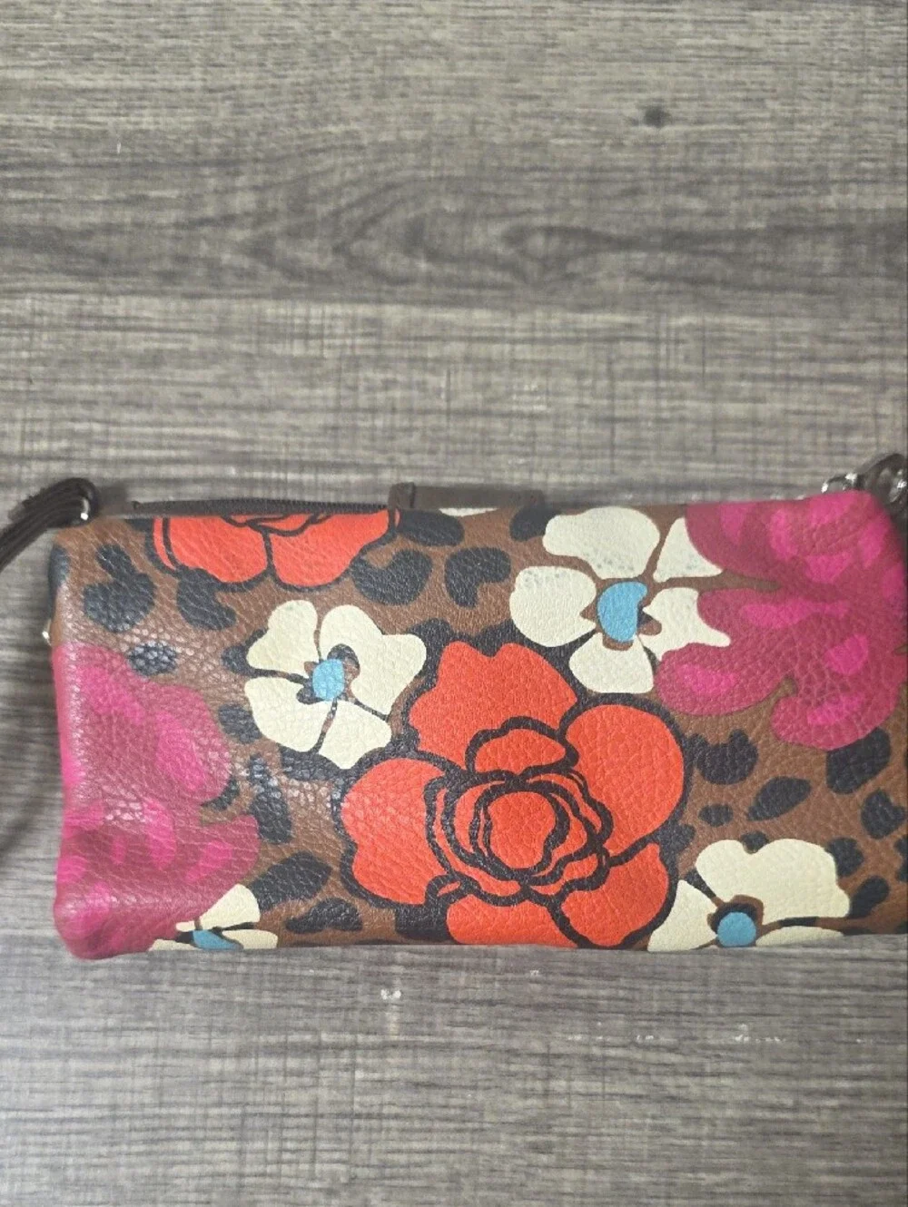 Relic Brown Floral Leopard Wristlet with Pink & Orange Accents